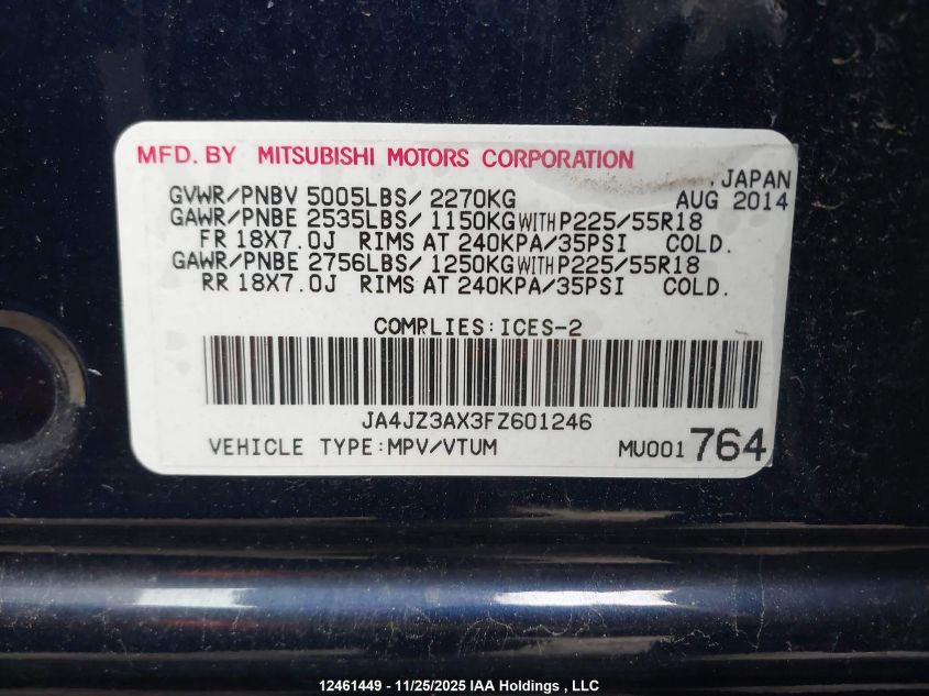 2015 Mitsubishi Outlander VIN: JA4JZ3AX3FZ601246 Lot: 12461449