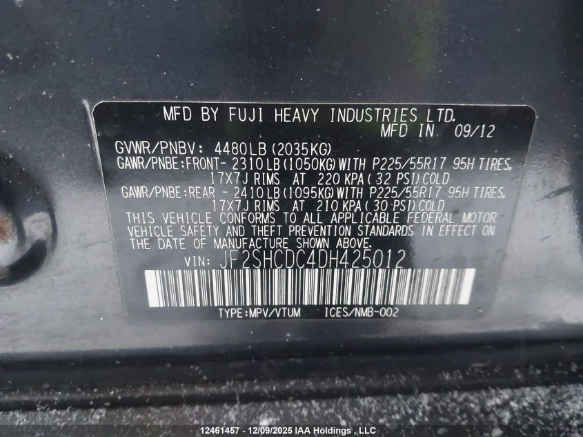 2013 Subaru Forester VIN: JF2SHCDC4DH425012 Lot: 12461457