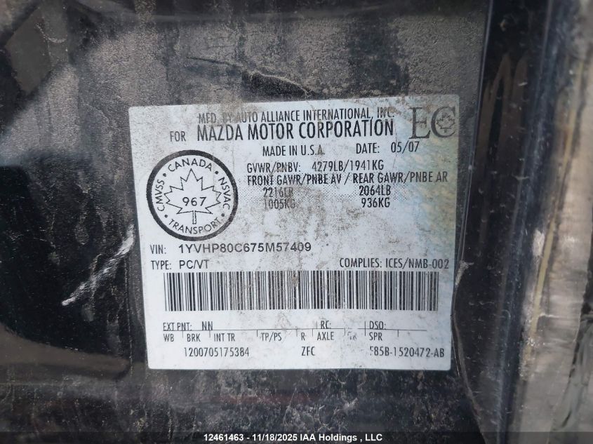 2007 Mazda Mazda6 Gs-I4/Gt-I4 VIN: 1YVHP80C675M57409 Lot: 12461463