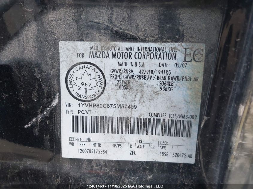 2007 Mazda Mazda6 Gs-I4/Gt-I4 VIN: 1YVHP80C675M57409 Lot: 12461463
