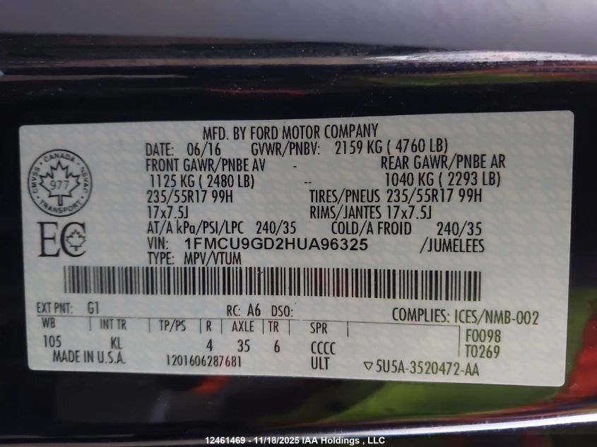 2017 Ford Escape Se VIN: 1FMCU9GD2HUA96325 Lot: 12461469