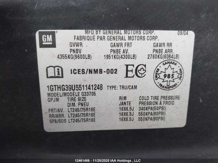 2005 GMC Savana G3500 VIN: 1GTHG39U551141248 Lot: 12461486