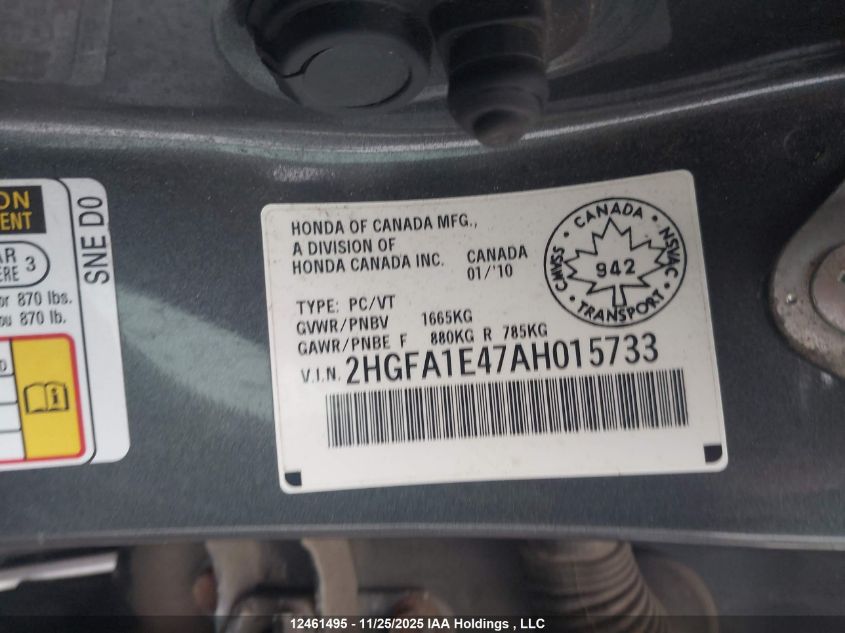 2010 Honda Civic VIN: 2HGFA1E47AHO15733 Lot: 12461495