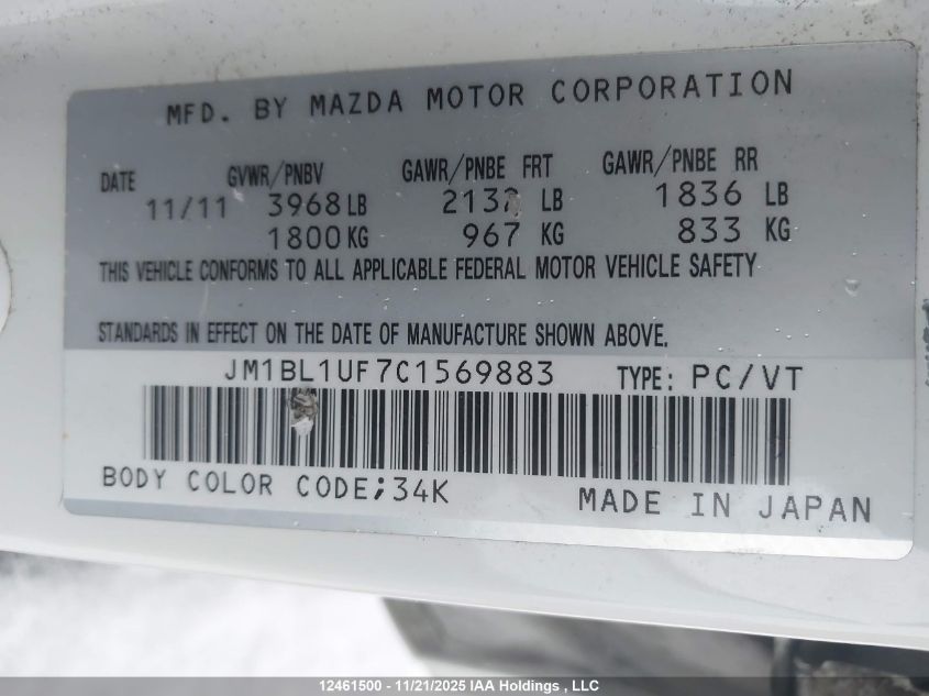 2012 Mazda 3 I VIN: JM1BL1UF7C1569883 Lot: 12461500