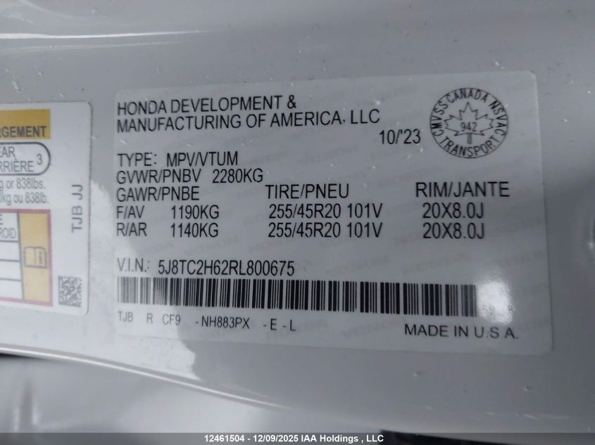 2024 Acura Rdx VIN: 5J8TC2H62RL800675 Lot: 12461504