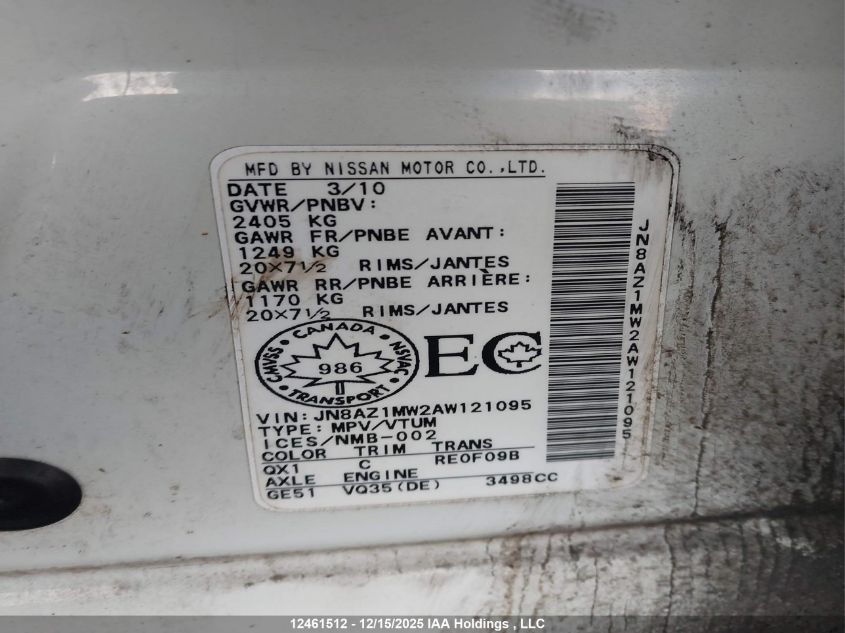 2010 Nissan Murano Le VIN: JN8AZ1MW2AW121095 Lot: 12461512