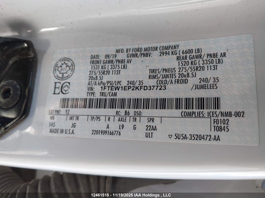 1FTEW1EP2KFD37723 2019 FORD F-150 photo no. 9
