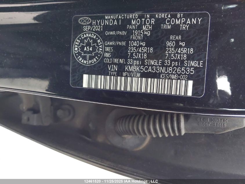 2022 Hyundai Kona N Line With Ultimate Package VIN: KM8K5CA33NU826535 Lot: 12461520