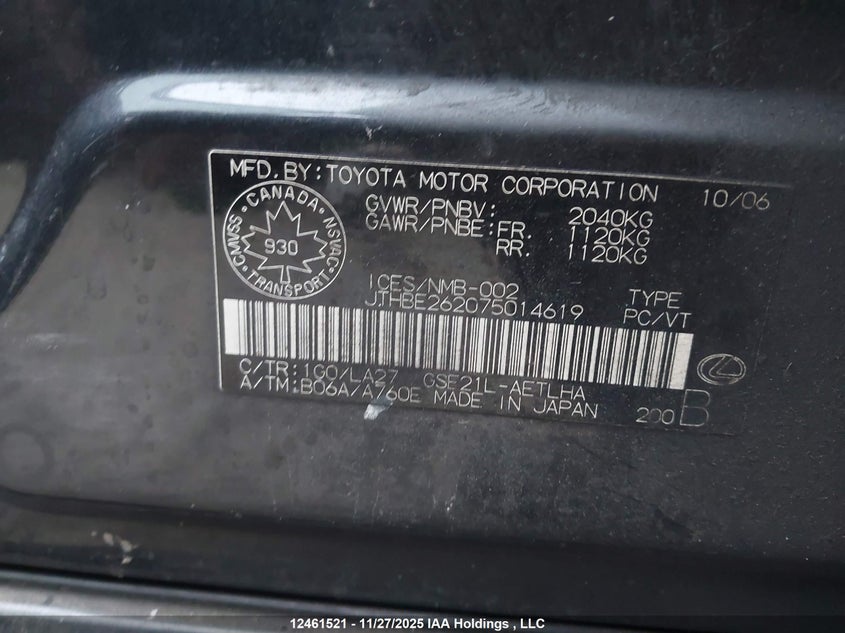 JTHBE262075014619 2007 LEXUS IS photo no. 9