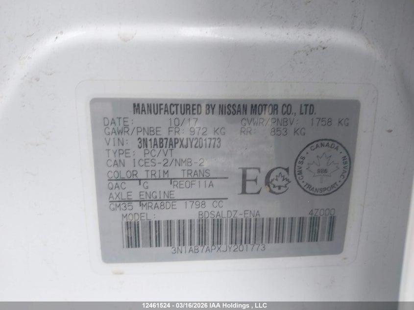 2018 Nissan Sentra 1.8 S/1.8 Sv/1.8 Sv Midnight Edition VIN: 3N1AB7APXJY201773 Lot: 12461524