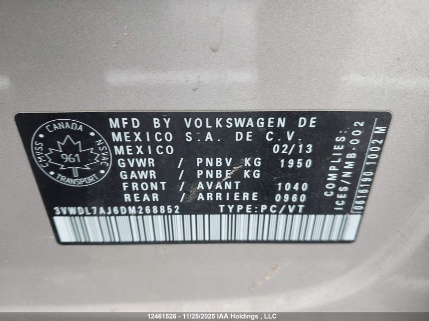 2013 Volkswagen Jetta 2.0 Tdi Comfortline VIN: 3VWDL7AJ6DM268852 Lot: 12461526