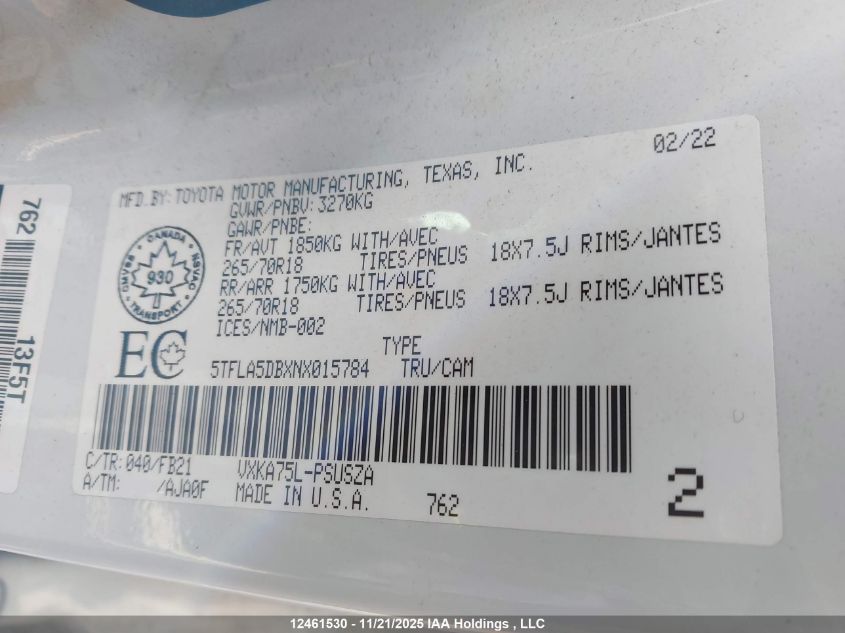2022 Toyota Tundra Crewmax Sr/Crewmax Sr5 VIN: 5TFLA5DBXNX015784 Lot: 12461530