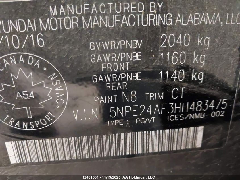 2017 Hyundai Sonata Gl VIN: 5NPE24AF3HH483475 Lot: 12461531