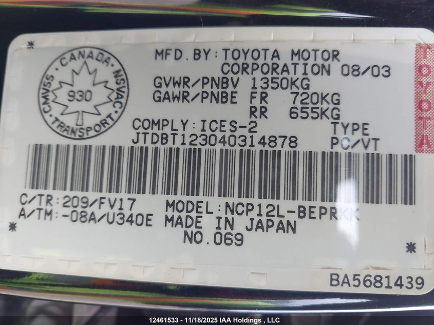 2004 Toyota Echo VIN: JTDBT123040314878 Lot: 12461533