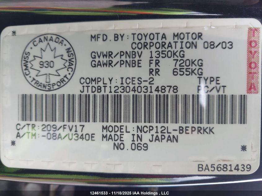 2004 Toyota Echo VIN: JTDBT123040314878 Lot: 12461533