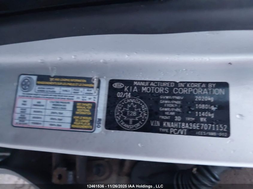 2014 Kia Rondo Lx VIN: KNAHT8A36E7071152 Lot: 12461536