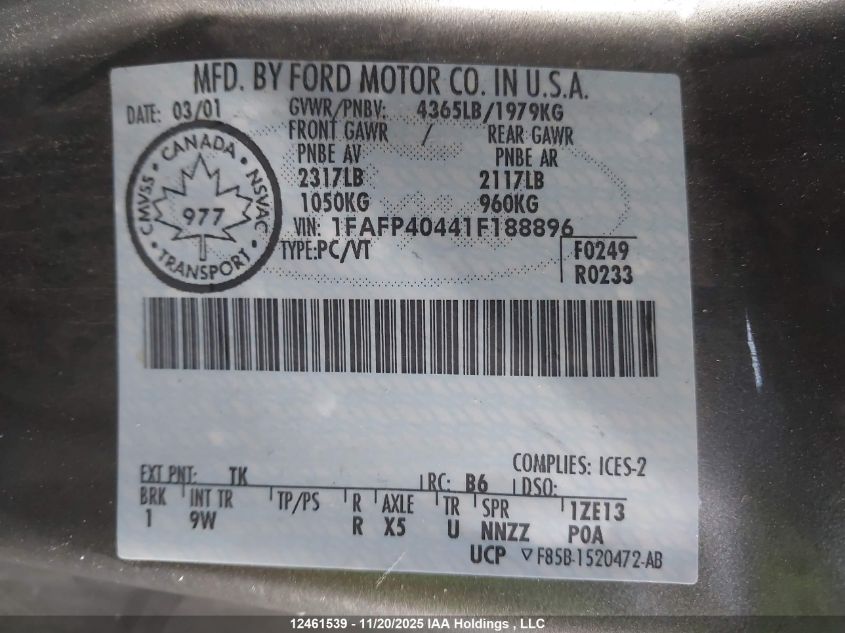 2001 Ford Mustang VIN: 1FAFP40441F188896 Lot: 12461539
