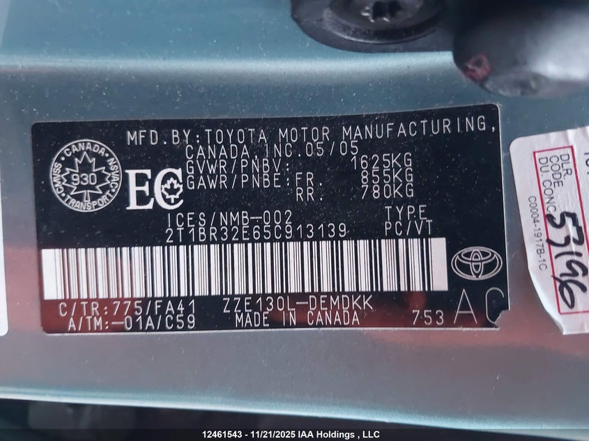 2005 Toyota Corolla Ce/Le/S VIN: 2T1BR32E65C913139 Lot: 12461543