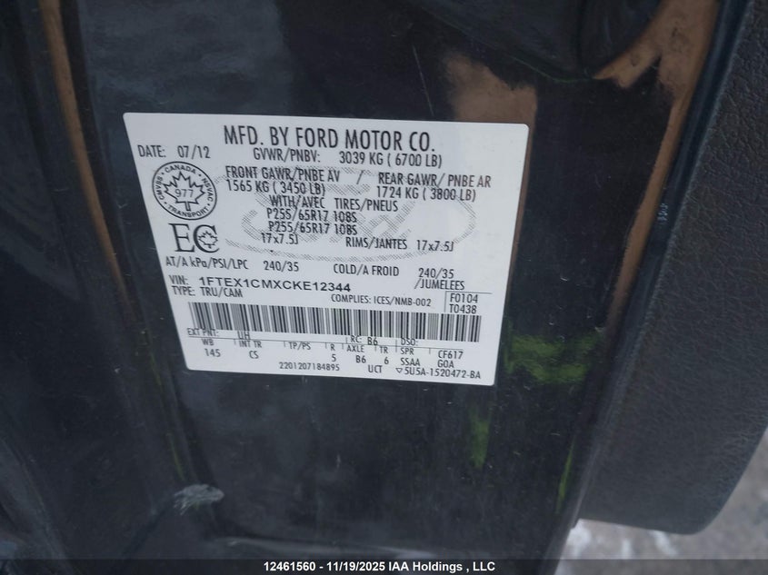 2012 Ford F150 Super Cab VIN: 1FTEX1CMXCKE12344 Lot: 12461560