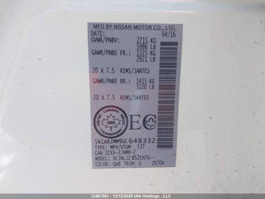 2016 Nissan Pathfinder VIN: 5N1AR2MM9GC648332 Lot: 12461561