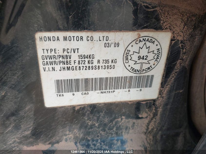 2009 Honda Fit Dx/Dx-A/Lx VIN: JHMGE87289S813950 Lot: 12461564