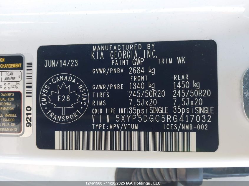 2024 Kia Telluride Sx/Sx X-Line/Sx X-Pro/Sx Prestige/Sx Prest X-Ln/Sx Prest X-Pro VIN: 5XYP5DGC5RG417032 Lot: 12461568