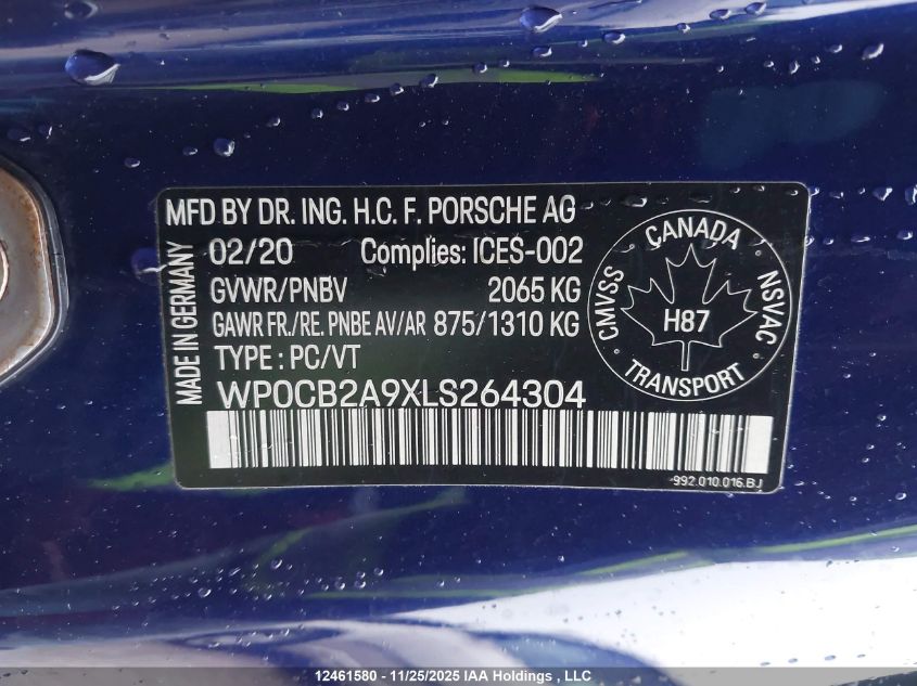 2020 Porsche 911 Carrera 4S/Carrera S VIN: WP0CB2A9XLS264304 Lot: 12461580