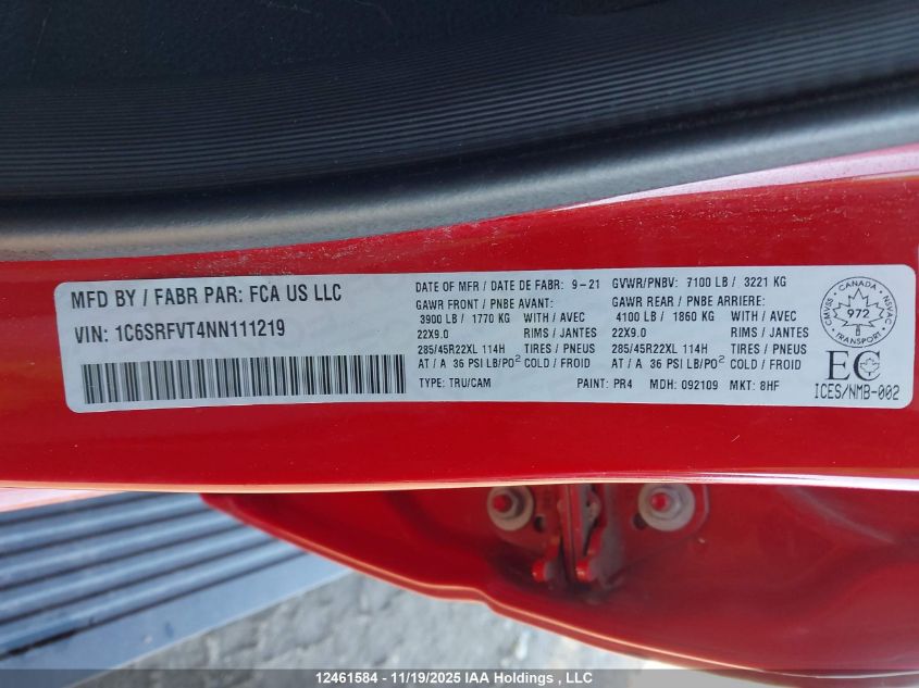 2022 Ram 1500 Sport VIN: 1C6SRFVT4NN111219 Lot: 12461584