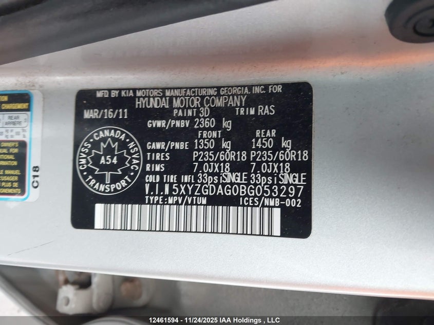 2011 Hyundai Santa Fe Gls VIN: 5XYZGDAG0BG053297 Lot: 12461594