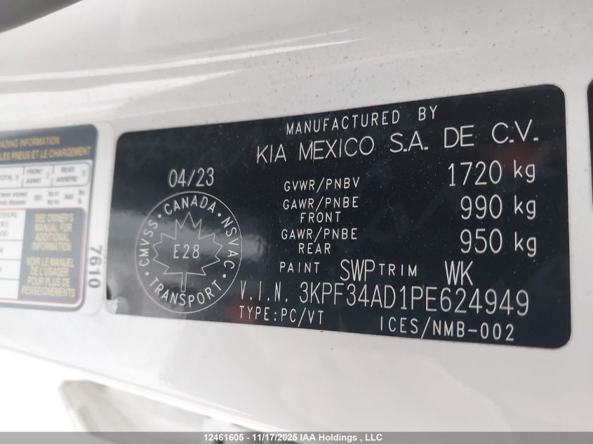 2023 Kia Forte Ex/Ex Premium/Ex+/Gt-Line VIN: 3KPF34AD1PE624949 Lot: 12461605