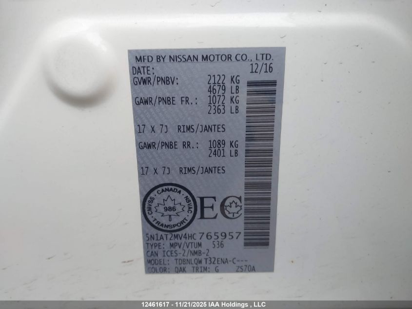 2017 Nissan Rogue Sv/Sl VIN: 5N1AT2MV4HC765957 Lot: 12461617