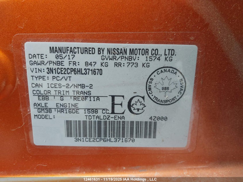 2017 Nissan Versa Note S/S Plus/Sv/Sl/Sr VIN: 3N1CE2CP6HL371670 Lot: 12461631