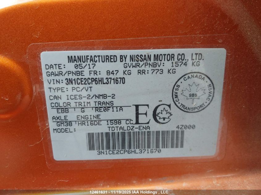 2017 Nissan Versa Note S/S Plus/Sv/Sl/Sr VIN: 3N1CE2CP6HL371670 Lot: 12461631