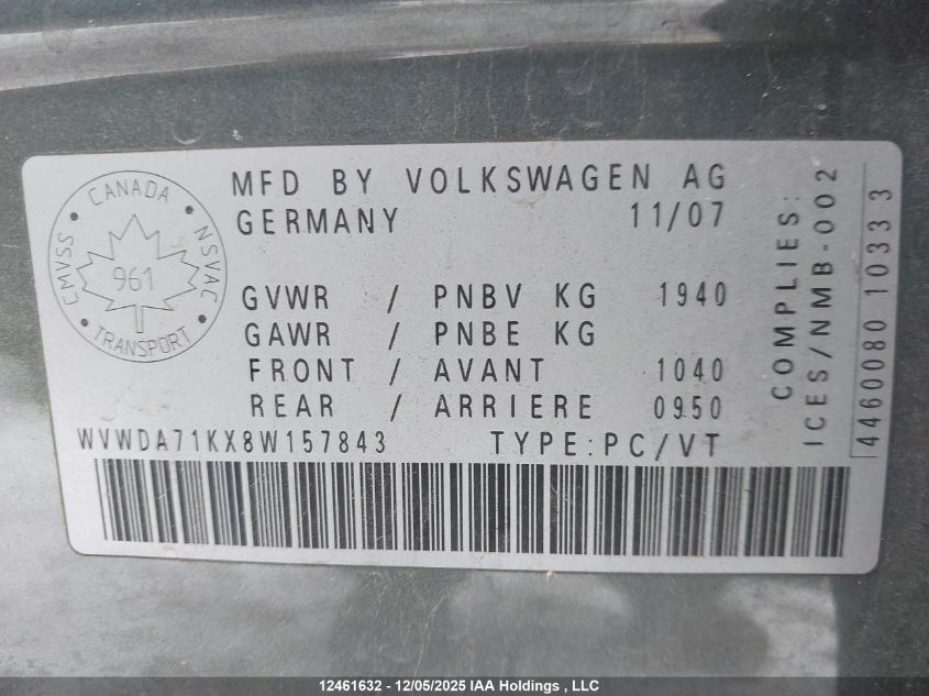 2008 Volkswagen Rabbit VIN: WVWDA71KX8W157843 Lot: 12461632