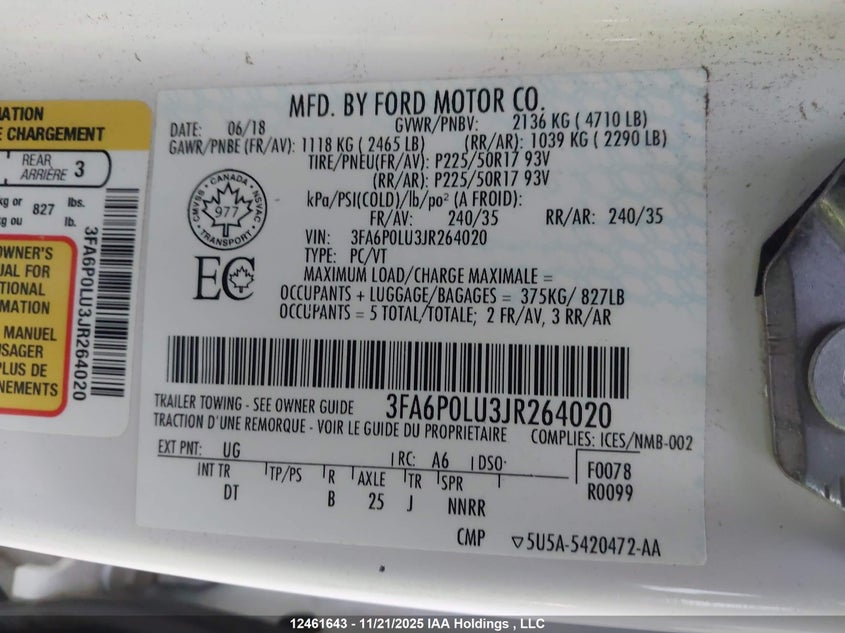 2018 Ford Fusion Se Hybrid VIN: 3FA6P0LU3JR264020 Lot: 12461643