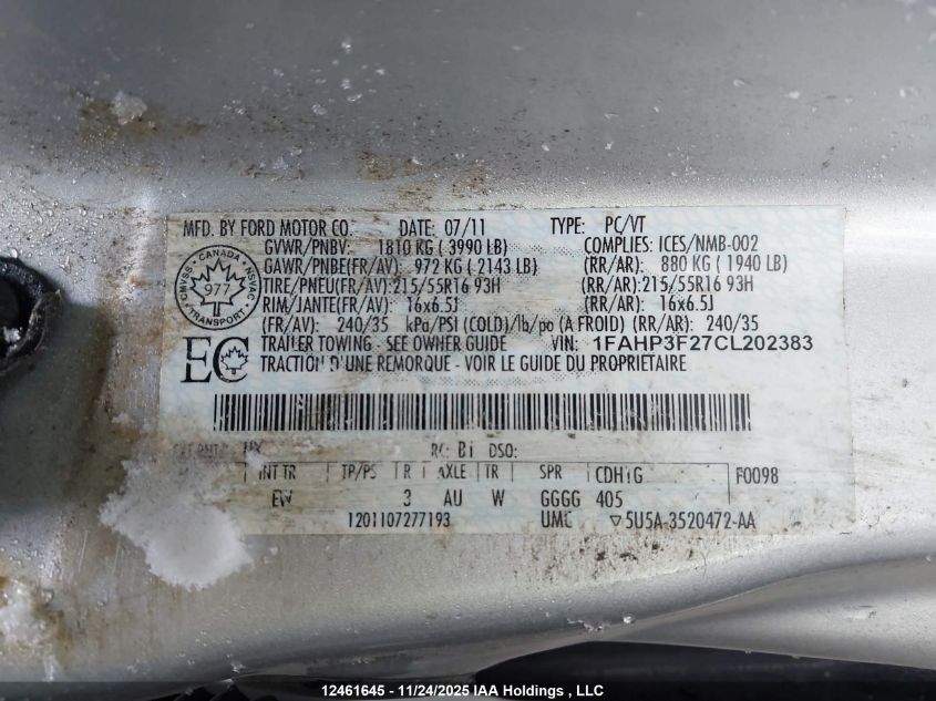 2012 Ford Focus Se VIN: 1FAHP3F27CL202383 Lot: 12461645