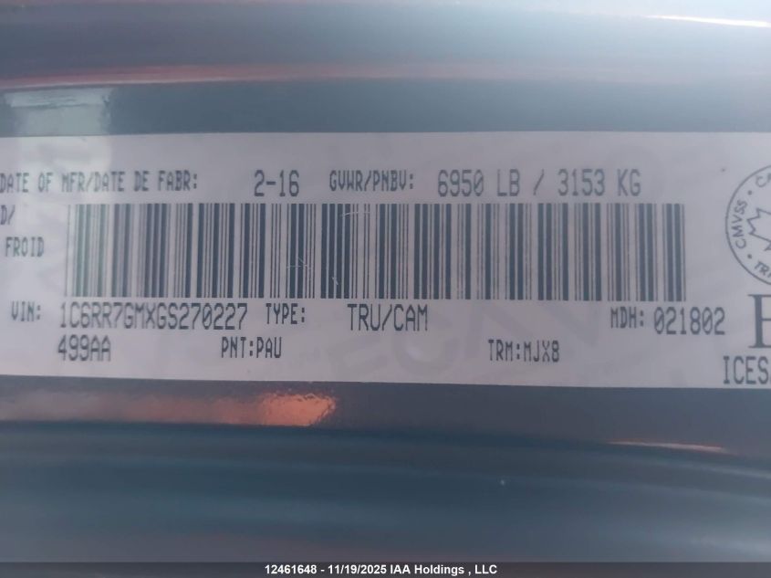 2016 Ram 1500 Slt VIN: 1C6RR7GMXGS270227 Lot: 12461648