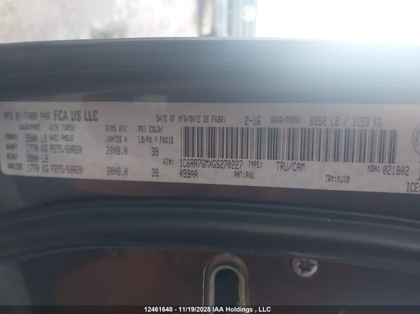 2016 Ram 1500 Slt VIN: 1C6RR7GMXGS270227 Lot: 12461648