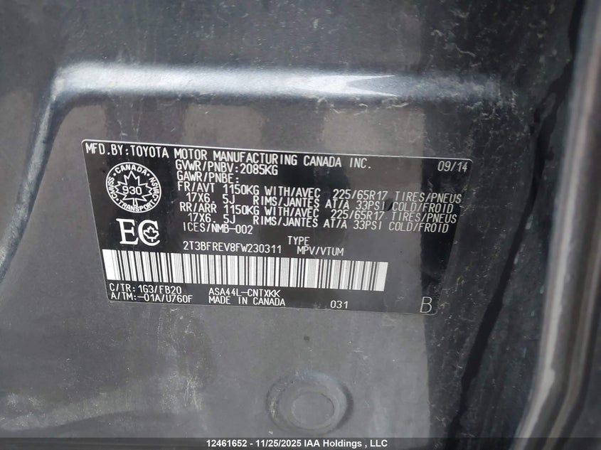 2015 Toyota Rav4 VIN: 2T3BFREV8FW230311 Lot: 12461652