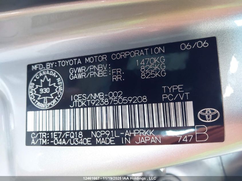 2007 Toyota Yaris Le/Rs VIN: JTDKT923875059208 Lot: 12461667