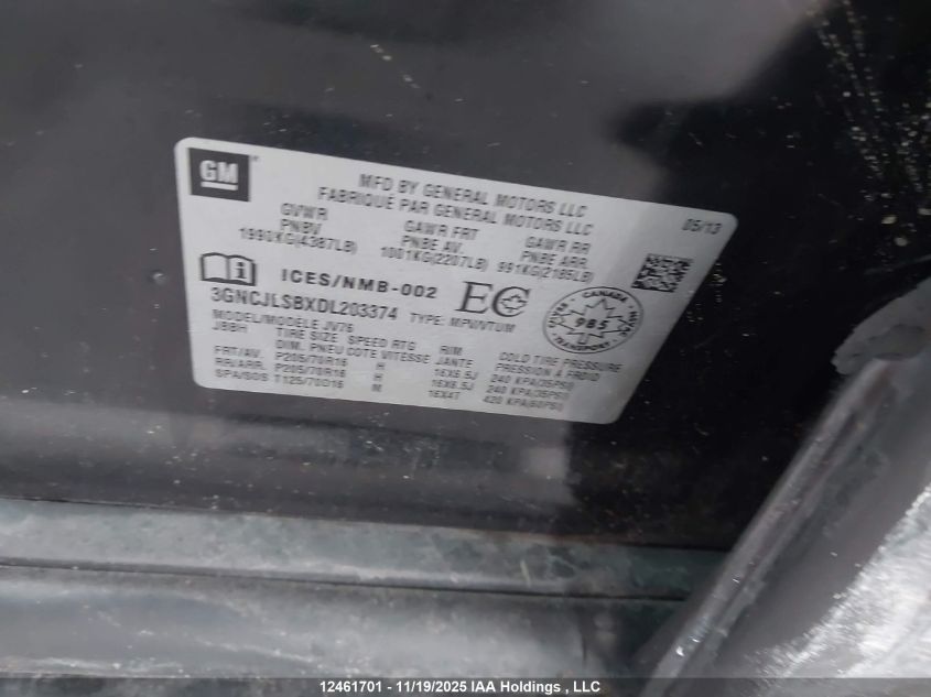 2013 Chevrolet Trax 1Lt VIN: 3GNCJLSBXDL203374 Lot: 12461701