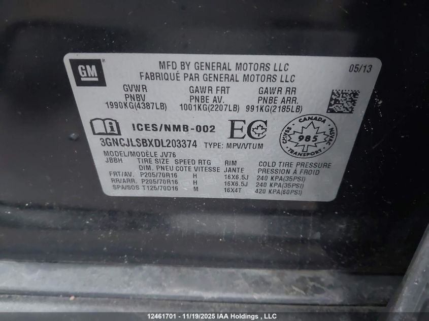 2013 Chevrolet Trax 1Lt VIN: 3GNCJLSBXDL203374 Lot: 12461701