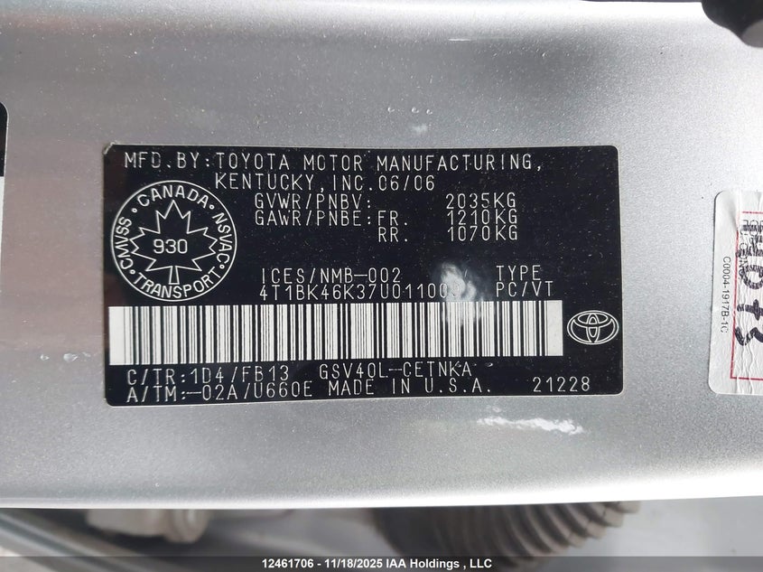 2007 Toyota Camry Le/Xle/Se VIN: 4T1BK46K37U011009 Lot: 12461706