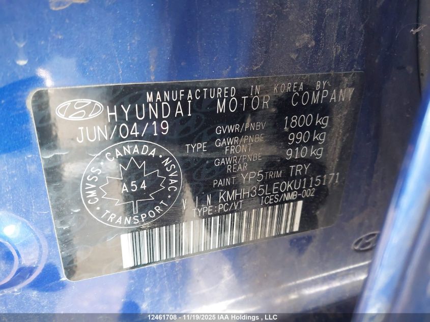 2019 Hyundai Elantra Gt VIN: KMHH35LE0KU115171 Lot: 12461708