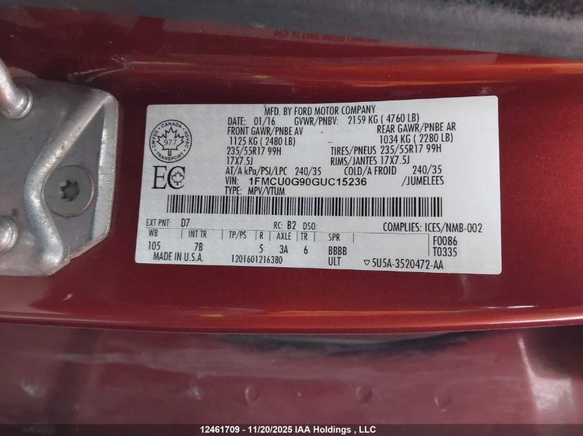 2016 Ford Escape Se VIN: 1FMCU0G90GUC15236 Lot: 12461709