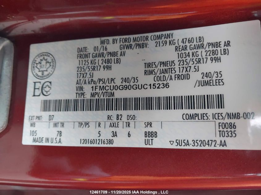 2016 Ford Escape Se VIN: 1FMCU0G90GUC15236 Lot: 12461709