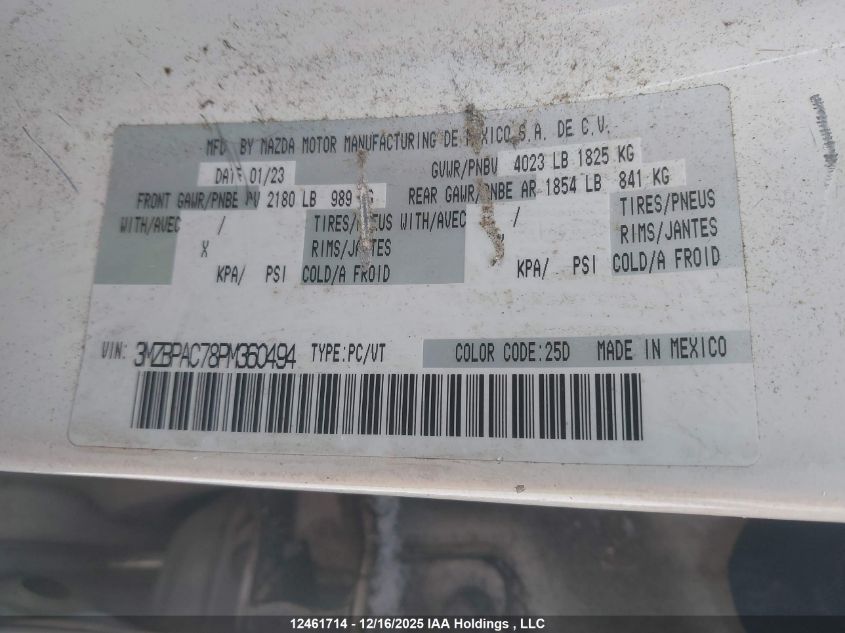 2023 Mazda Mazda3 Gs VIN: 3MZBPAC78PM360494 Lot: 12461714