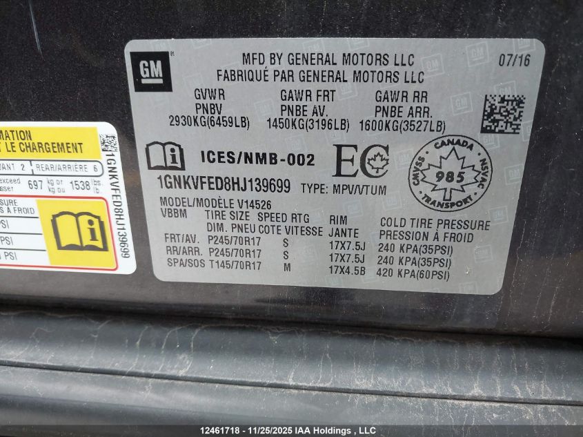 2017 Chevrolet Traverse Ls VIN: 1GNKVFED8HJ139699 Lot: 12461718