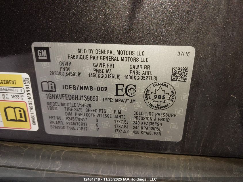 2017 Chevrolet Traverse Ls VIN: 1GNKVFED8HJ139699 Lot: 12461718