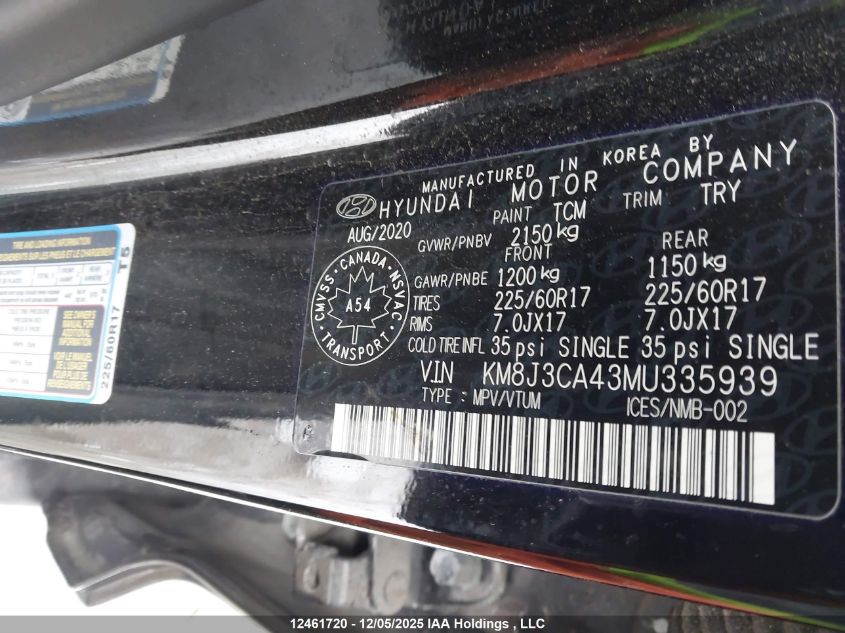 2021 Hyundai Tucson VIN: KM8J3CA43MU335939 Lot: 12461720